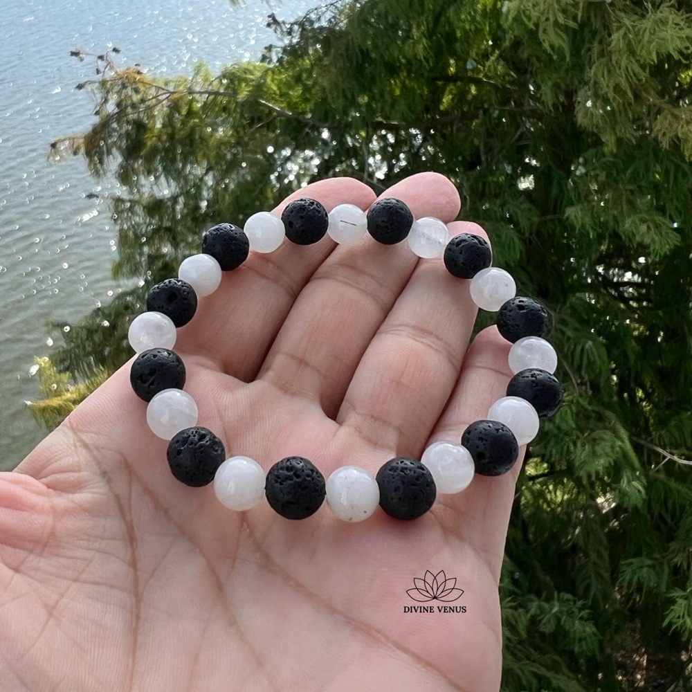 Lava Rock & Clear Quartz Bracelet – 7.5” Stretchy | Essential Oil Diffuser